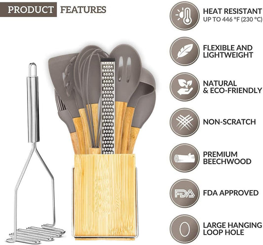 Kitchen Cooking Utensils Set, 13 pcs Non-Stick Silicone Cooking Kitchen Utensils Spatula Set with Holder, Bamboo Handle Silicone Kitchen Gadgets Utensil Set for Nonstick Cookware