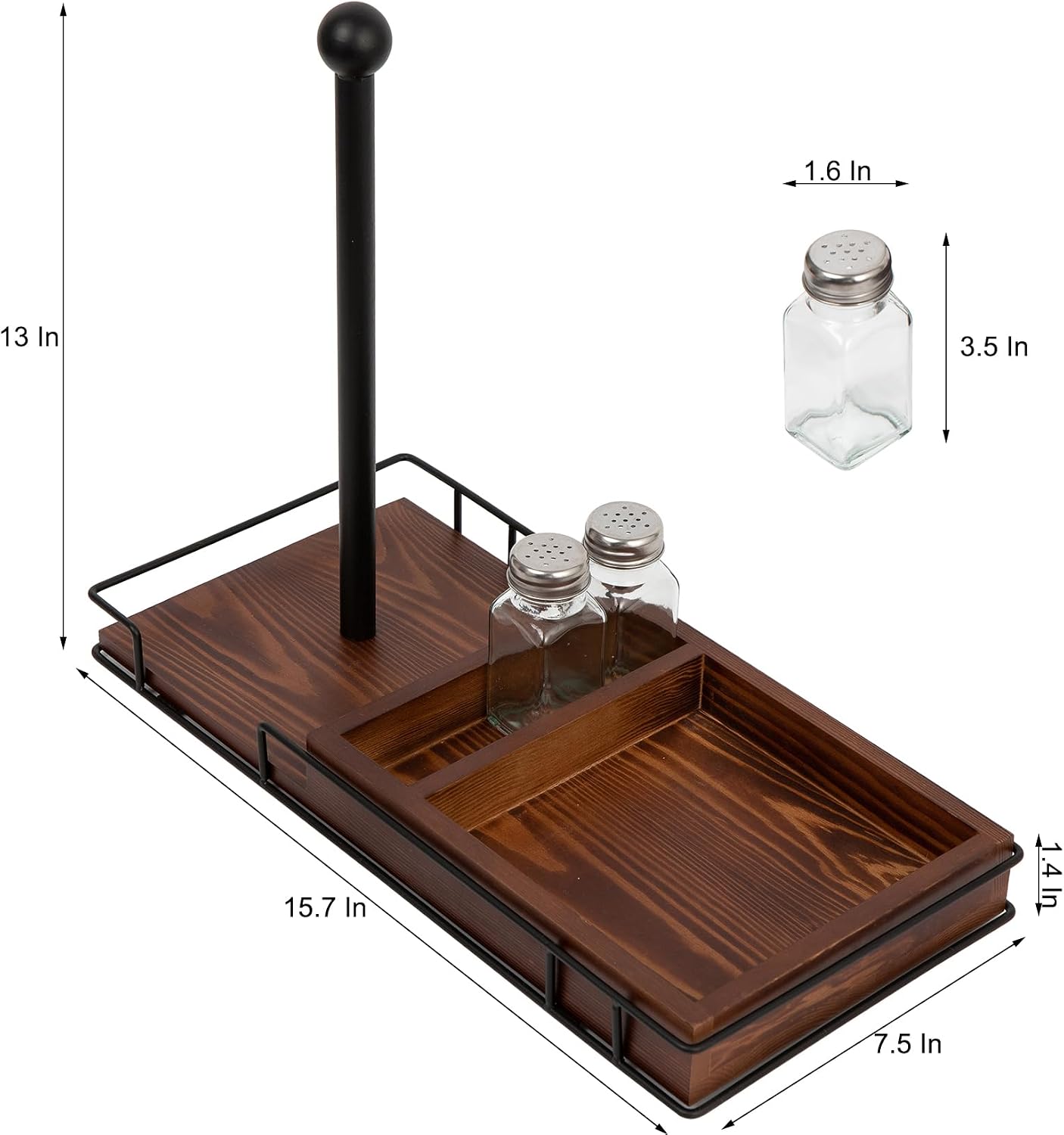 Rustic Brown Wooden Kitchen Countertop Paper Towel Roll Holder Spice Jar Rack Shakers Vintage Brass Metal Design Napkin Dispenser Dining Table Caddy Organizer Condiments Home Outdoor Picnic