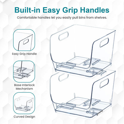 Basicwise 9-Inch Open-Front Clear Storage Bin with Easy-Grip Handle Stackable Transparent Plastic Organizer Container for Pantry Cabinet Refrigerator Drawers Closets and Shelf Organization, Medium