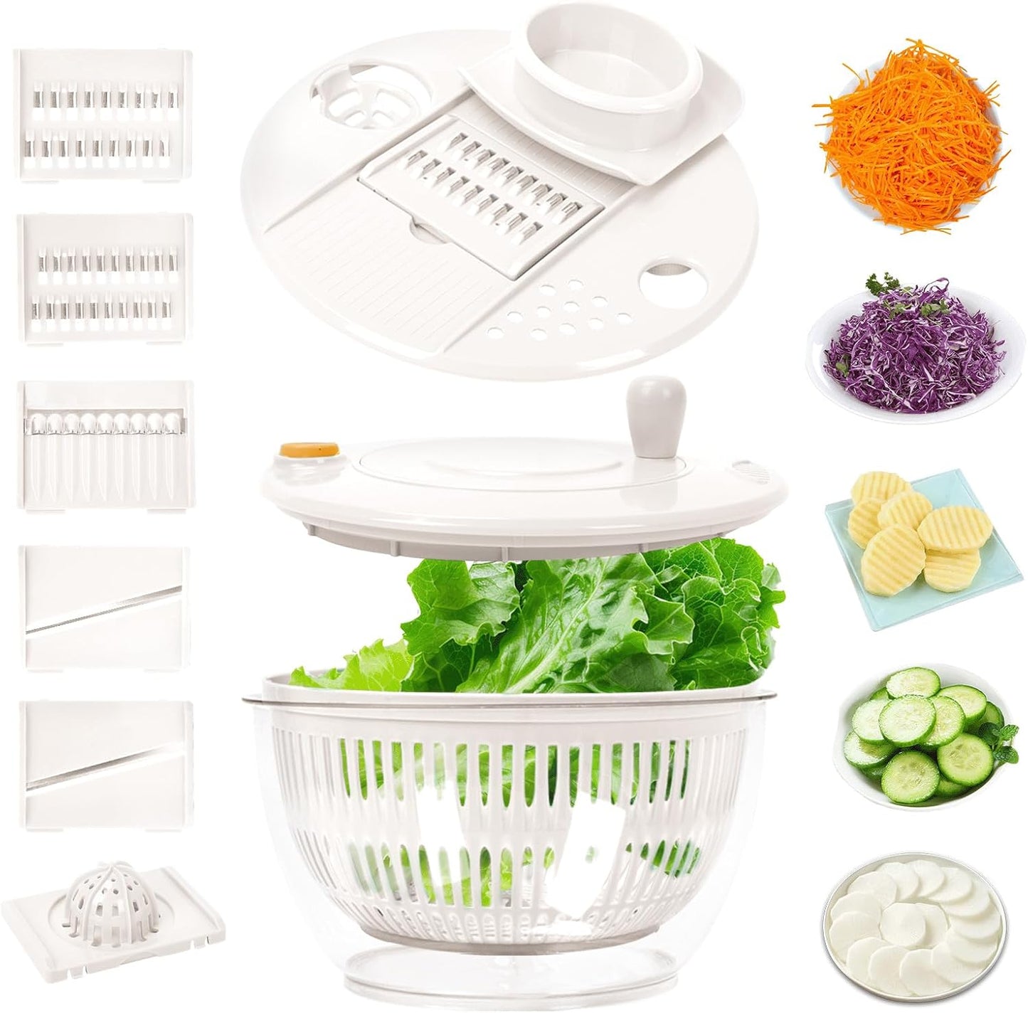 Salad Spinner Large, 5.3 QT 5 IN 1 Lettuce Spinner Dryer with 5 Blades Slicing and Pureeing Vegetables Wash Bowl Kitchen Gadgets for Efficient Salad Preparation Food Washing