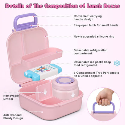 Bento Lunch Box for Kids with 7oz Soup Thermo,Insulated Stainless Steel Kids Water Bottle with Straw and Insulated Lunch Bag,Leak-Proof Lunch Food Container with Ice Pack for School (Purple-Mermaid)