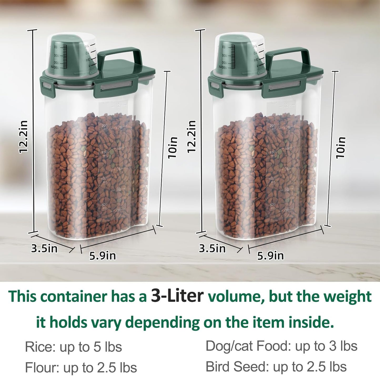 TBMAXS 2 Pack 3 Lbs Dog Cat Food Storage Containers for Travel, Portable Pet Food Storage Container, Easy-Pouring Bird Seed Dispenser, Airtight Rice Cereal Oatmeal Flour Holder -Beige