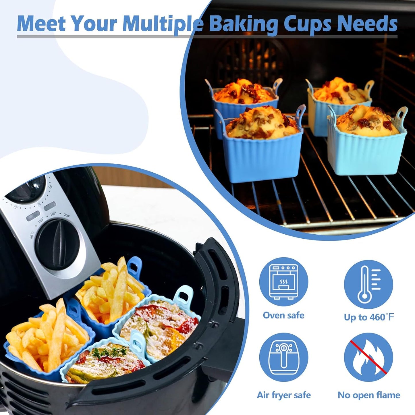 Koluti Nonstick Silicone Muffin Baking Cups Pack of 12, Reusable Cupcake Molds with Double Handle, BPA Free, Mini Round Air Fryer Cupcakes Liner, 3 Colors