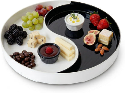 Chip and Dip Serving Tray – Yin Yang Divided Snack & Appetizer Platter with Built-In Dip Bowls, 14” Large Round Hosting Plate for Charcuterie, Fruit, Veggies & Party Snacks