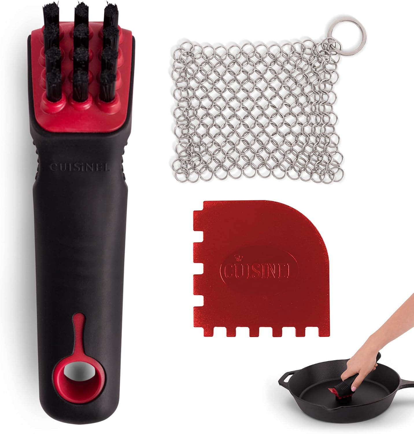 Cuisinel Cast Iron Scrubber Cleaning Brush + Pan/Grill Scraper - Skillet and Grill Cleaner Kit - Soft-Touch Confident-Grip Dish Scrub Tool - Tough on Grease, Gentle on Metal and Non-Stick Cookware