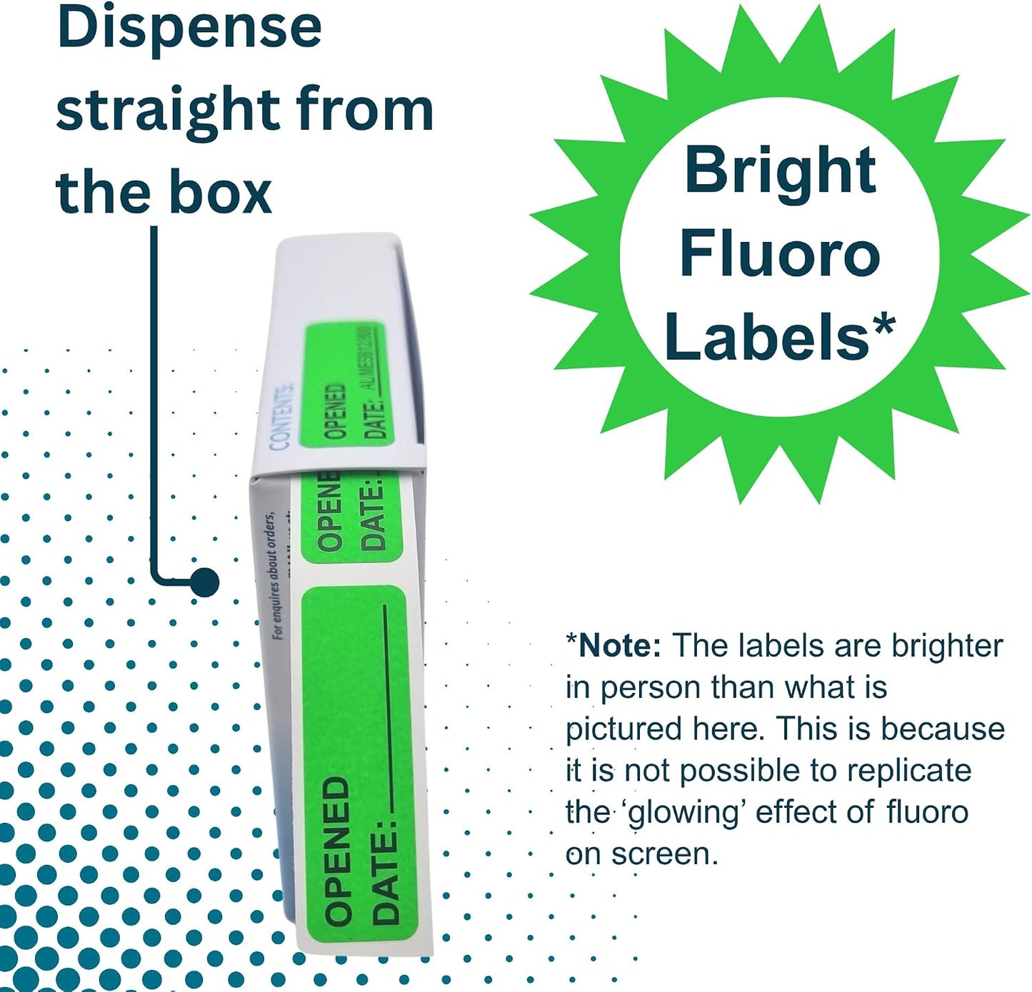 Opened Date Labels for Medical, Food & Lab Use - 800 Fluoro Green Write-on Small Stickers (12mm x 40mm / 0.5" x 1.5") in Dispense Box. Strong Latex-Free Adhesive & Indirect Food/Medical Safe Ink