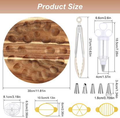 2026 Upgraded Wood Deviled Egg Platter with Lid Easter Gifts 24 Holes Round Deviled Egg Charcuterie Board Tray Holder Carrier with Egg Slicer Kitchen Tongs Piping Decorating Kit for Party Easter