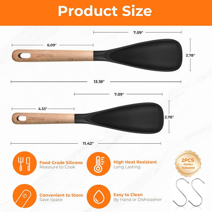 Cooking Spoon Multifunction Spoonula Silicone Spatula Spoon 2-Pack, Dual-Use Heat Resistant 446°F, BPA-Free Non-Toxic Wooden Handle Rice Spoon Set for Non-Stick Cookware & Rice Cookers (Black)