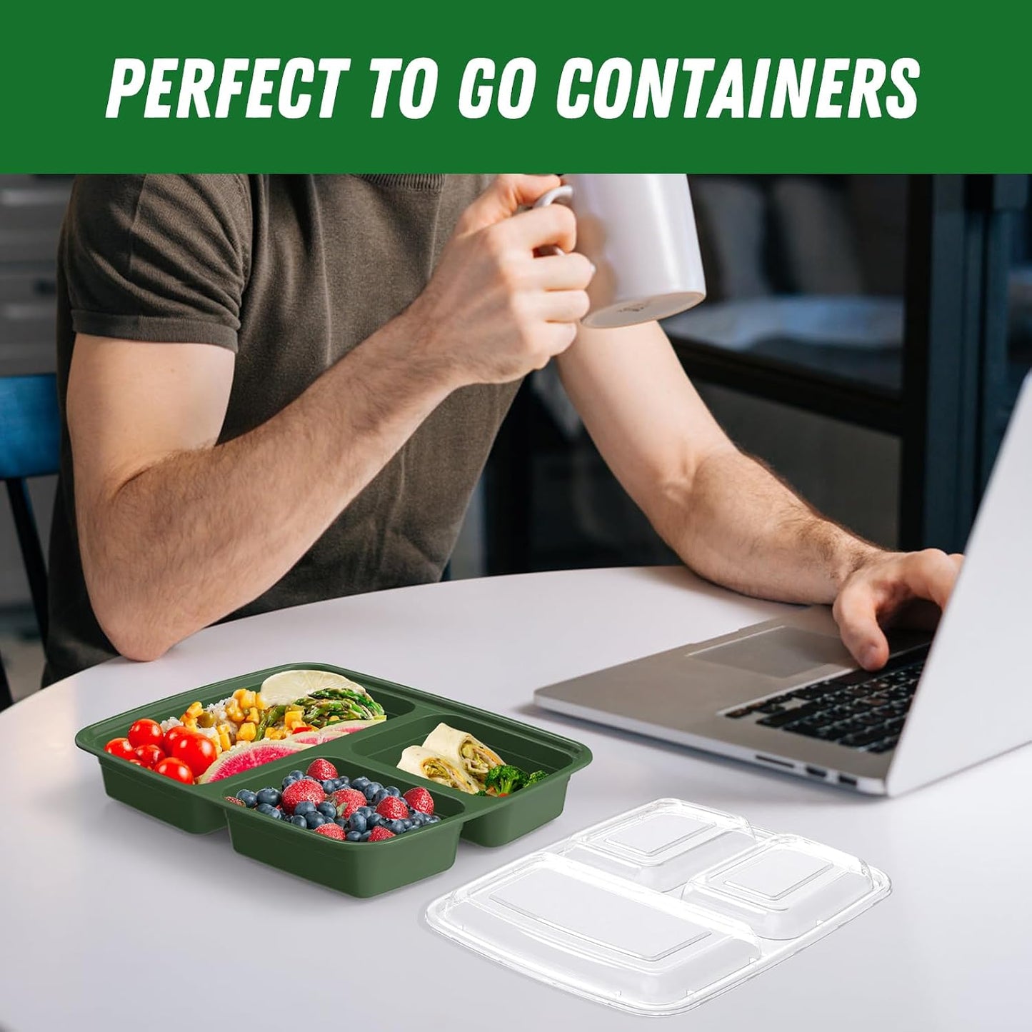 50 Pack (100-Piece) 32 oz Meal Prep Containers Reusable with Lids 3-Compartment, To Go Take Out Plastic Food Storage Containers, Sturdy Leakproof Food Safe, Microwave Freezer Dishwasher Safe, Black