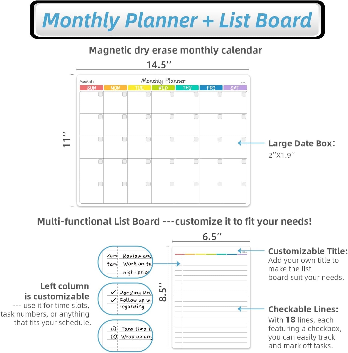 JJPRO Magnetic Monthly Calendar Whiteboard Set for Refrigerator-Monthly Planning Board, Weekly Menu Planner and to Do List for Fridge with 6 Markers-14.5" x11