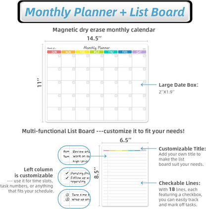 JJPRO Magnetic Monthly Calendar Whiteboard Set for Refrigerator-Monthly Planning Board, Weekly Menu Planner and to Do List for Fridge with 6 Markers-14.5" x11