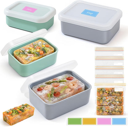 Silicone Freezer Trays with Lid, 1 & 2 Cup Meal Prep Molds 4 Pack | Portion Control Soup Containers | Airtight Stackable Freezer Cubes | BPA-Free Dishwasher Oven Safe, with Freezer Bags& Labels