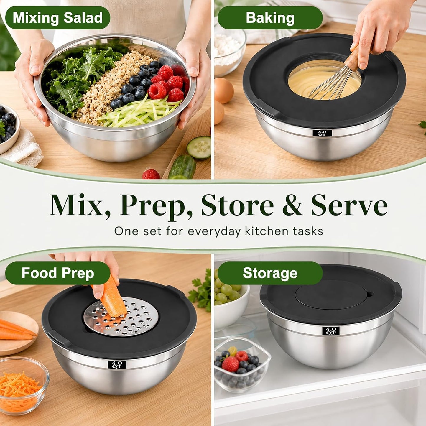 21PCS Mixing Bowls with Lids Set - 7 Nesting Mixing Bowls, 3 Graters, 11 Baking Tools, Lids, Stainless Steel Mixing Bowls for Mixing & Baking, Size 0.7/1.1/1.5/2.1/3.5/4/4.5 QT, Black