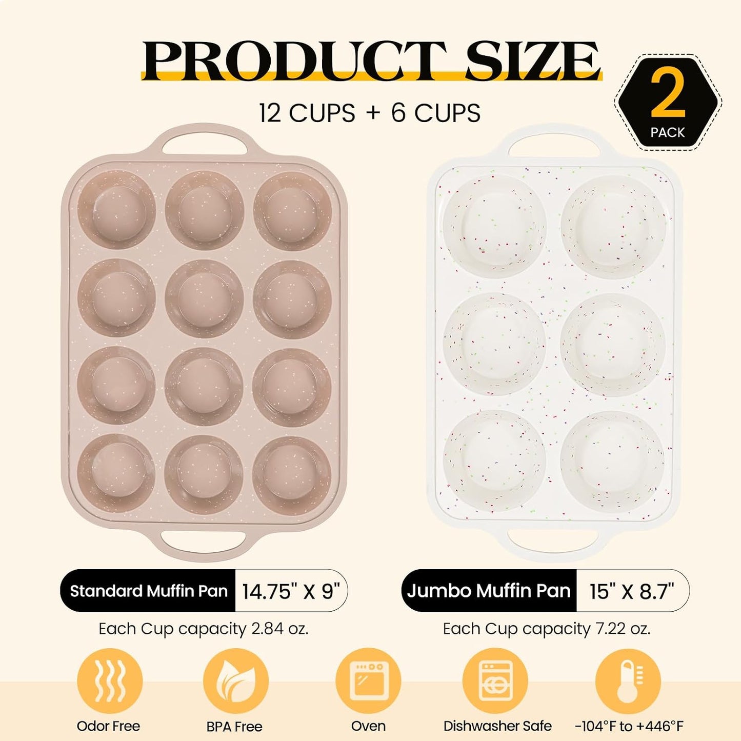Vinino 2Pack Silicone Muffin Pans for Baking with Metal Reinforced Frame, 12 Cups Regular Size Nonstick Silicone Cupcake Pan, BPA Free Oven Dishwasher Safe Baking Mold for Muffins Cupcakes