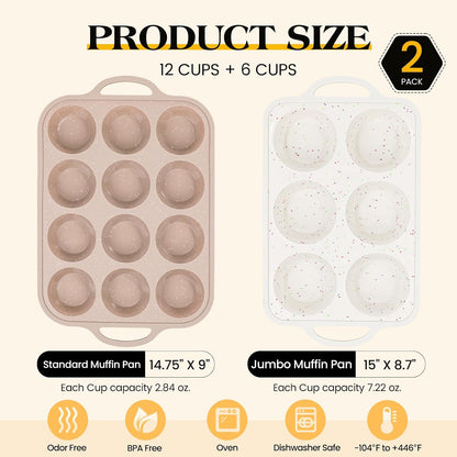 Vinino 2Pack Silicone Muffin Pans for Baking with Metal Reinforced Frame, 12 Cups Regular Size Nonstick Silicone Cupcake Pan, BPA Free Oven Dishwasher Safe Baking Mold for Muffins Cupcakes