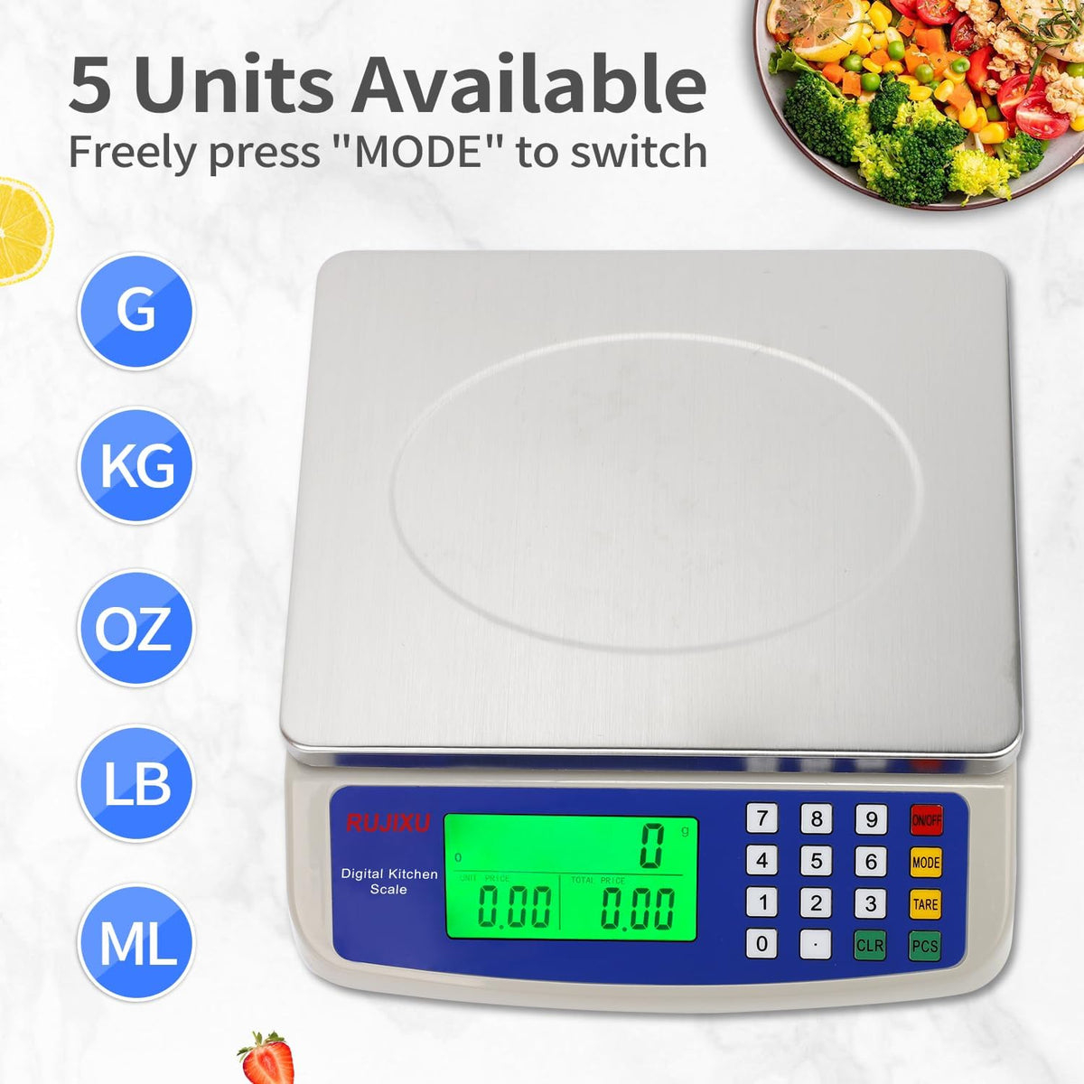 Large Digital Kitchen Scale 30KG Commercial Food Scale 66LB for Baking Bread Meat Stainless Steel Price Computing Scale LCD Display,Prep Counting Scale for Parts and Coins Adapter Included