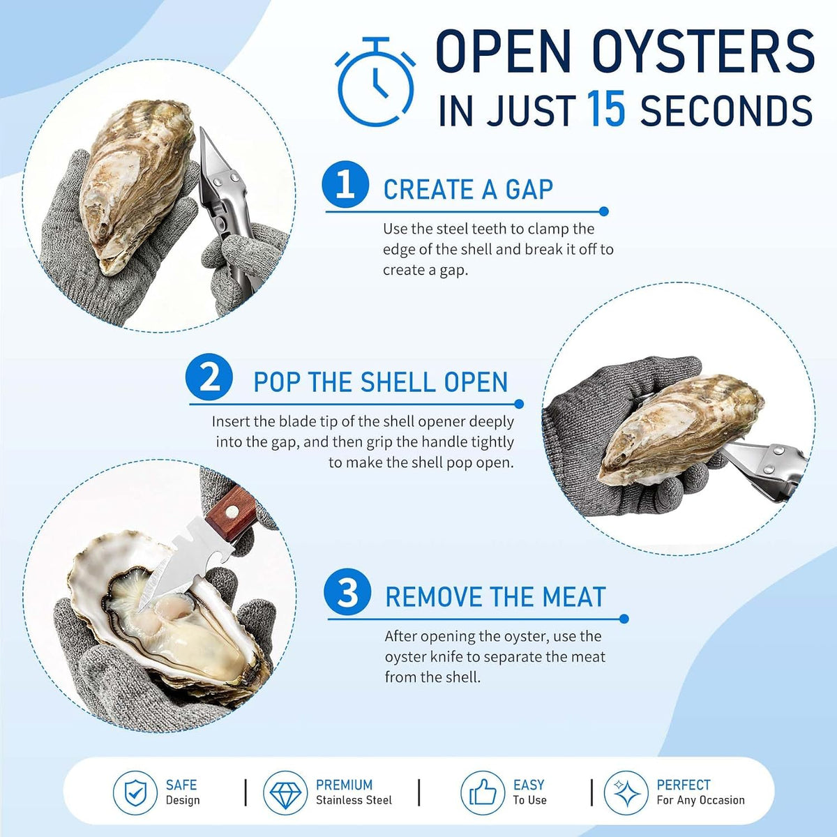 2026 New Oyster Shucker & 2 Shucking Knife Kit with Safety Gloves, Stainless Steel Oyster Opener Easy Leverage Design for Safe Fast Oyster Shucking Keep the Juice
