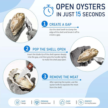 2026 New Oyster Shucker & 2 Shucking Knife Kit with Safety Gloves, Stainless Steel Oyster Opener Easy Leverage Design for Safe Fast Oyster Shucking Keep the Juice