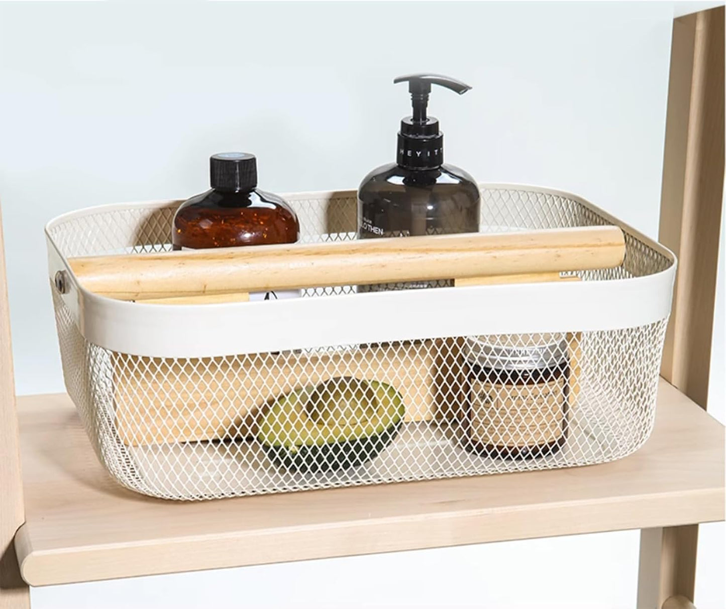AJIODA Metal Mesh Steel Storage Basket, Garden Harvest Wire Organizer Basket Multi-functional Kitchen Fruit Basket with Wooden Removable Partition & Handle for Bathroom Picnic Decor Cabinet, Grey