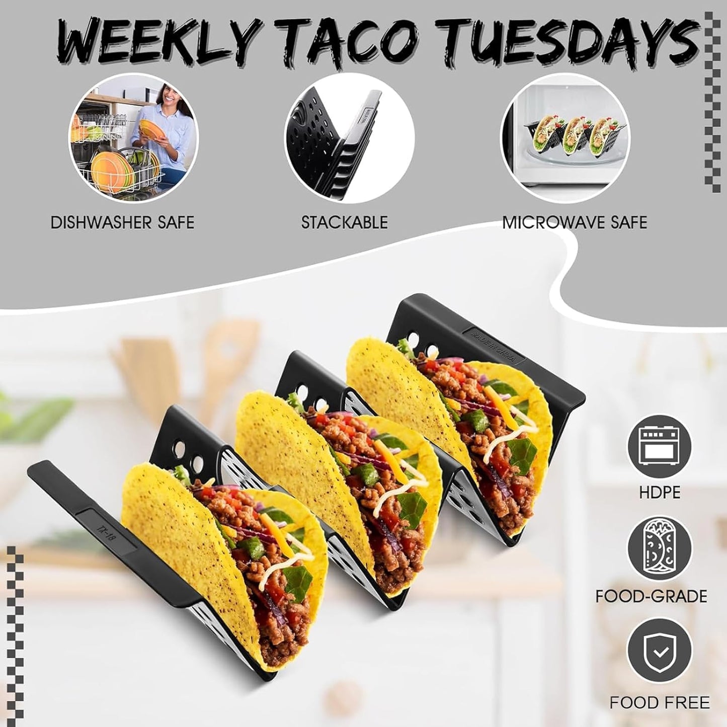 Baderke Mexico Taco Holder Stands Set of 6 Black Large Tray Plates Plastics Hollow Holder for Taco Night Tuesday Carnival Party Supplies, Dishwasher Microwave Safe