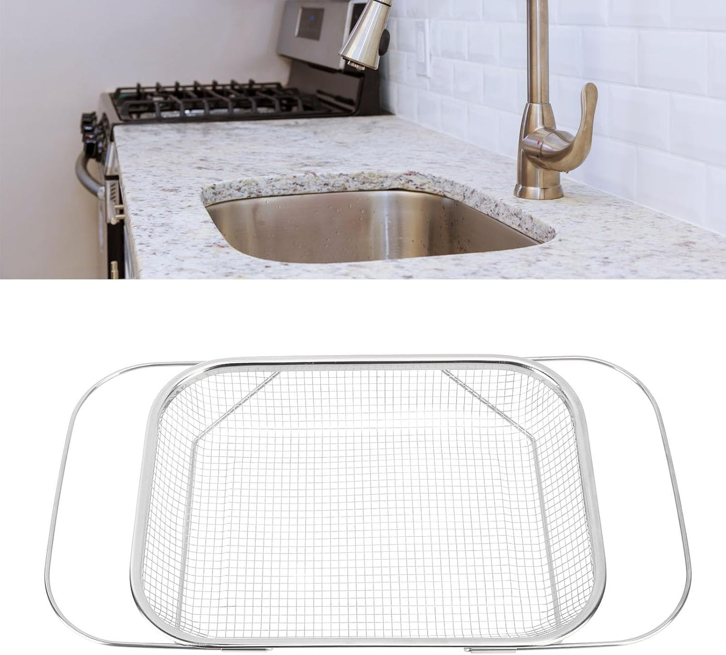 Over the Sink Colander, Expandable Baskets with Fine Mesh Strainer Handle Stainless Steel Rectangle Kitchen Colanders for Strain Drain Rinse Fruits Vegetables Pasta New Home Essentials (Silver)
