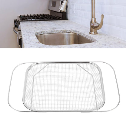Over the Sink Colander, Expandable Baskets with Fine Mesh Strainer Handle Stainless Steel Rectangle Kitchen Colanders for Strain Drain Rinse Fruits Vegetables Pasta New Home Essentials (Silver)