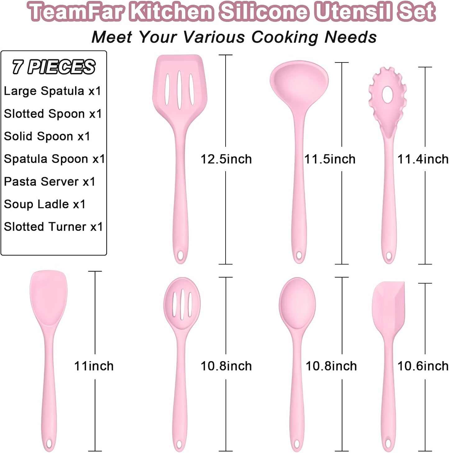 TeamFar Silicone Cooking Utensil Set of 7, Black Kitchen Nonstick Tools Turner Spoon Spatula Ladle Pasta Server for Nonstick Cookware, Healthy & One-Piece, Anti-Heat & Dishwasher Safe