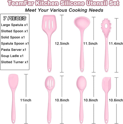 TeamFar Silicone Cooking Utensil Set of 7, Black Kitchen Nonstick Tools Turner Spoon Spatula Ladle Pasta Server for Nonstick Cookware, Healthy & One-Piece, Anti-Heat & Dishwasher Safe