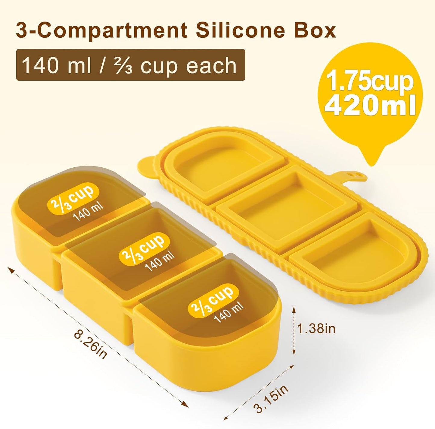 Silicone Reusable Snack Containers with Lids, 4 Pack 3 Compartment Bento Snack Boxes, Leakproof Food Storage Containers for Meal Prep, Lunch, Fruits, Kids & Adults, Dishwasher Safe