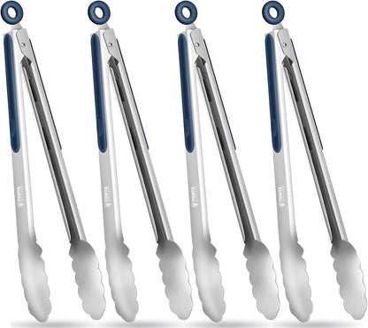 Tongs for Cooking, 9-Inch Stainless Steel Kitchen Tongs, Locking Metal Food Tongs with Silicone Non-Slip Grip, Kitchen Utensils for Food, Salad and Outdoor BBQ (Set of 4)