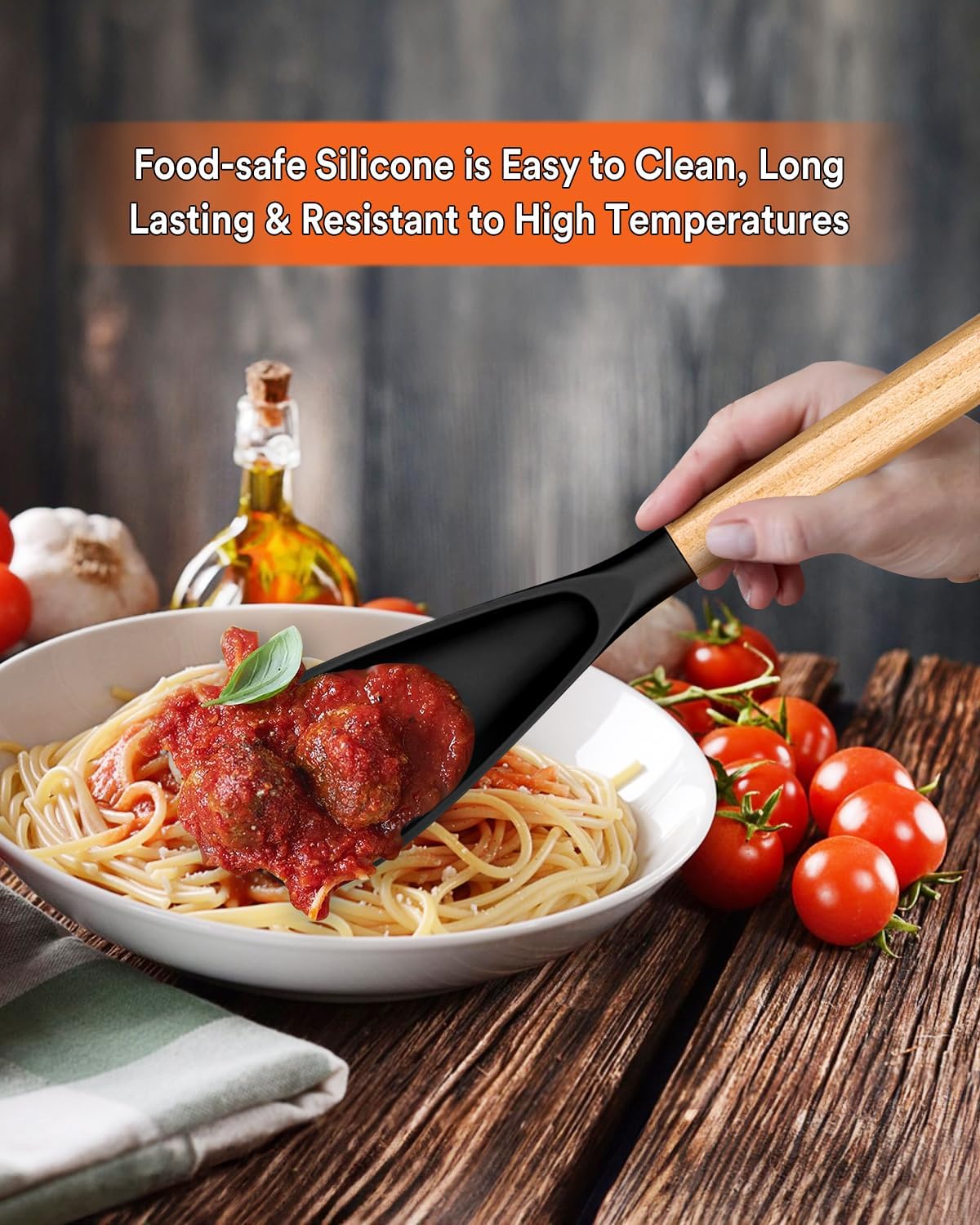 Cooking Spoon for Nonstick Cookwares, Great for Cooking and Serving Sturdy BPA-Free Matte Silicone, Wood Handle Spoon for Mixing, Scoop, and Scrape (Black & Grey, 11.4 inch)