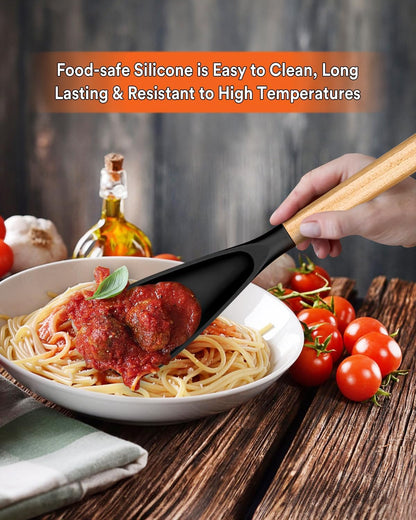 Cooking Spoon for Nonstick Cookwares, Great for Cooking and Serving Sturdy BPA-Free Matte Silicone, Wood Handle Spoon for Mixing, Scoop, and Scrape (Black & Grey, 11.4 inch)