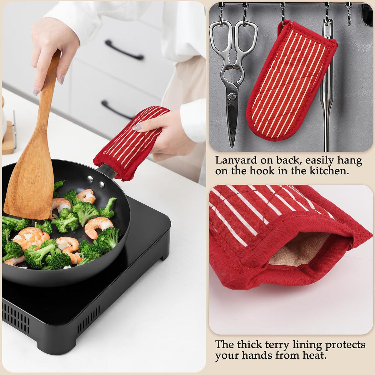ZUFECY 2-Pack Cotton Handle Covers, Heat Resistant Pot Handle Sleeves, Black and Red Striped Design for Cast Iron Skillets and Pans