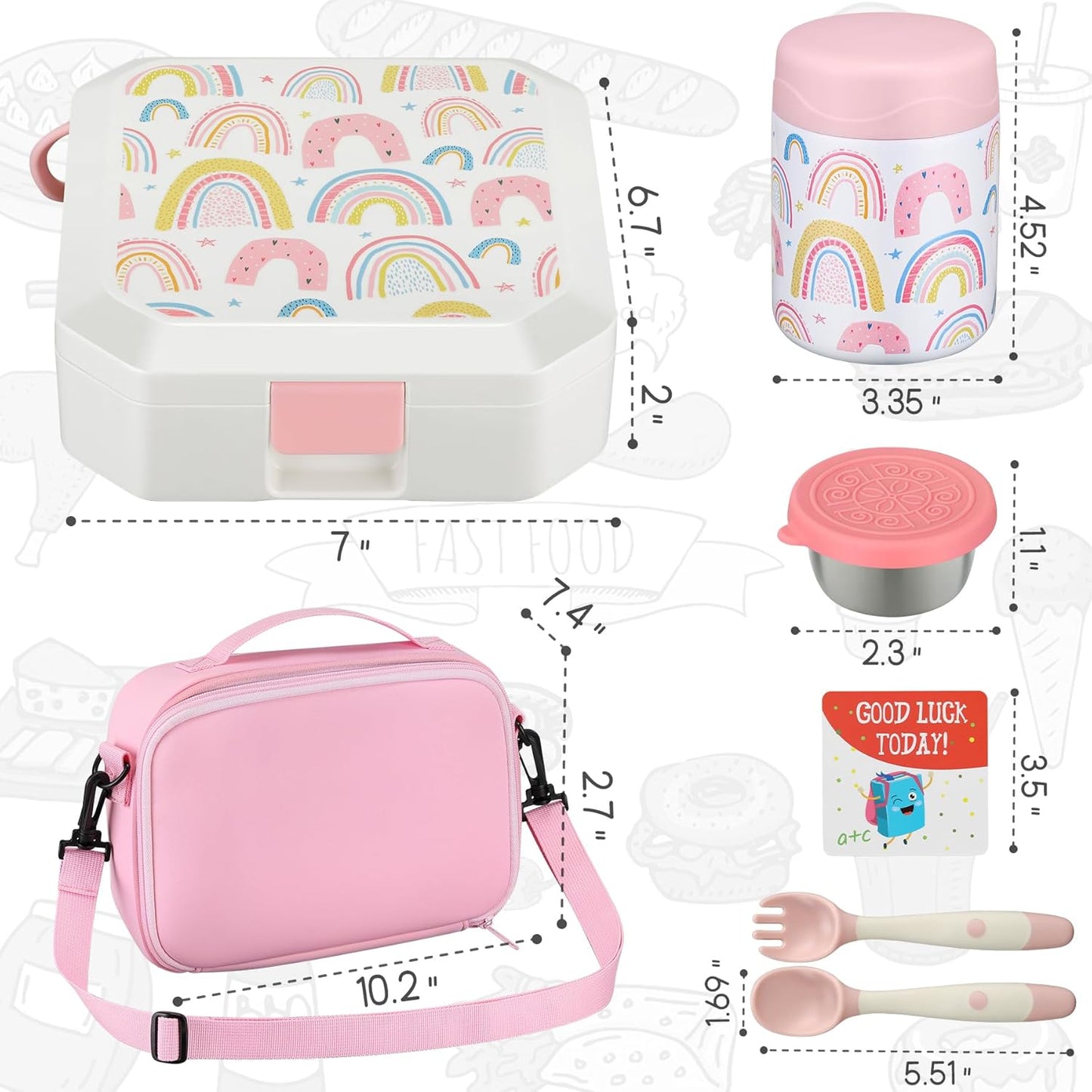 Itslife Bento Lunch Box Set for Kids with 12oz Soup Thermo&Lunch Bag, Leak-Proof Lunch Food Containers for Kids School, 5 Compartment, Sauce Cup, 10 Notes (Dinosaurs Black)