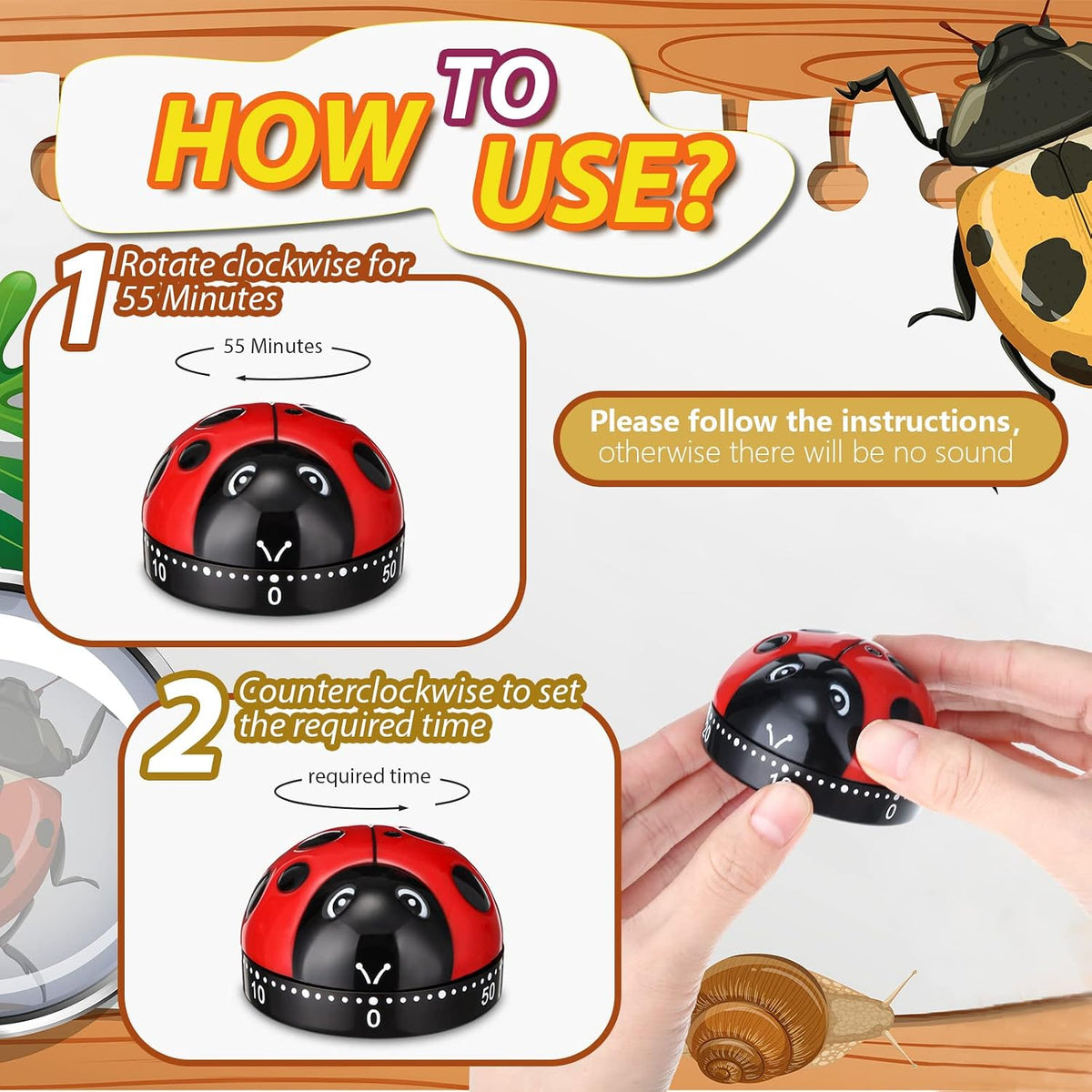 Kanayu 4 Pcs Ladybug Kitchen Timer for Kid Mechanical Egg Timer for Cooking