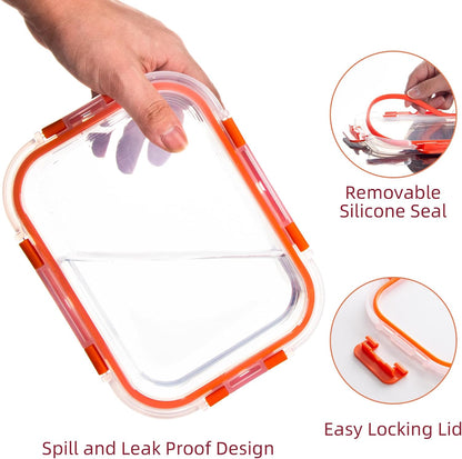 5 Pack Glass Meal Prep Containers 3 Compartment with Lids, Divided Glass Storage Containers with Silicone Sleeve for Lunch, Leak-Proof Portion Control Food Containers, Dishwasher Safe, 34 oz