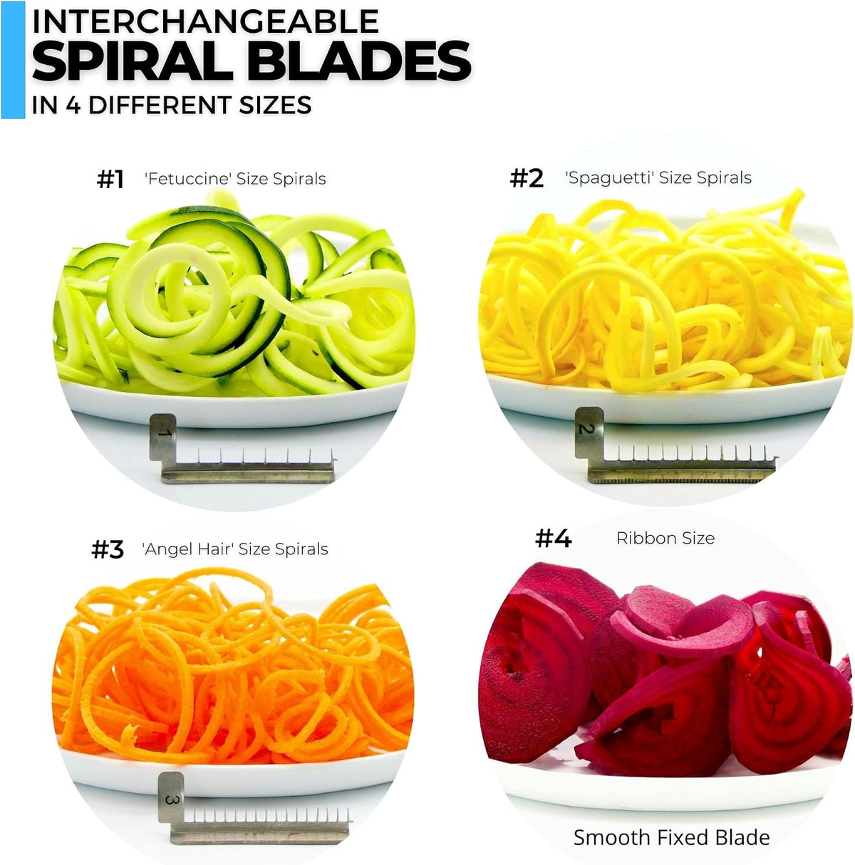 4-Blade Zucchini Spiralizer Noodle Maker with 3 Blades and 1 Built-In