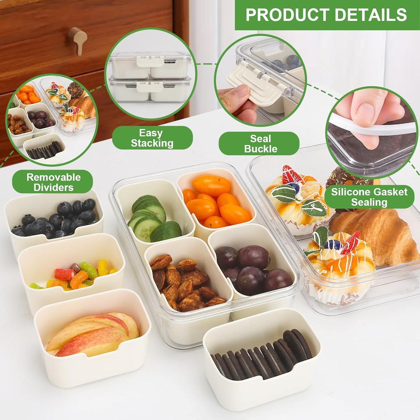 shopwithgreen 2Pcs Divided Serving Tray with Lid and Handle, Portable Snackle Box Snack Containers for Charcuterie, Party, Veggies, Snack, Fruit, Nuts, Candy, Chip, Entertaining, Picnic