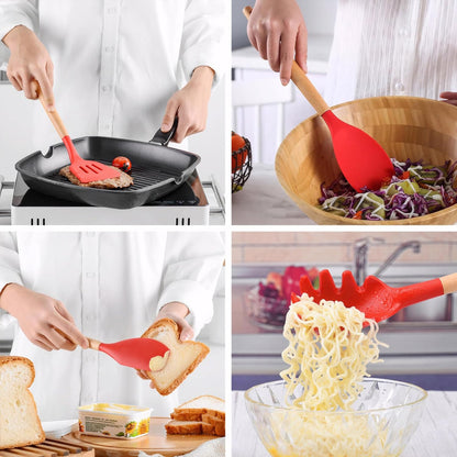 Kitchen Cooking Utensils Set, 6Pcs Silicone Kitchen Utensils Set Spatula Spoon Soup Ladle Turner, Heat Resistant Wooden Handle Silicone Cooking Gadgets for Nonstick Cookware & Baking BPA FREE