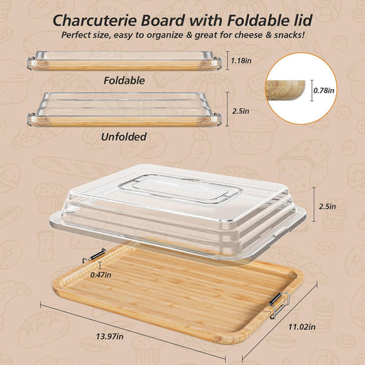 Charcuterie Boards with Foldable Lid, Portable Bamboo Cheese Board with Single Compartments, Clear Locking Lid and Handle, Easy to Store, Suitable for Picnics, Camping, Parties