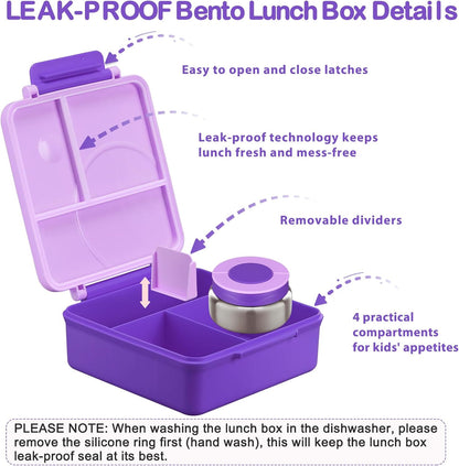 Bento Lunch Box Set for Kids with 8oz Soup Thermo, Leak-Proof Lunch Containers with 4 Compartment, Kids Thermo Hot Food Jar and Insulated Lunch Bag for Kid to School-Black