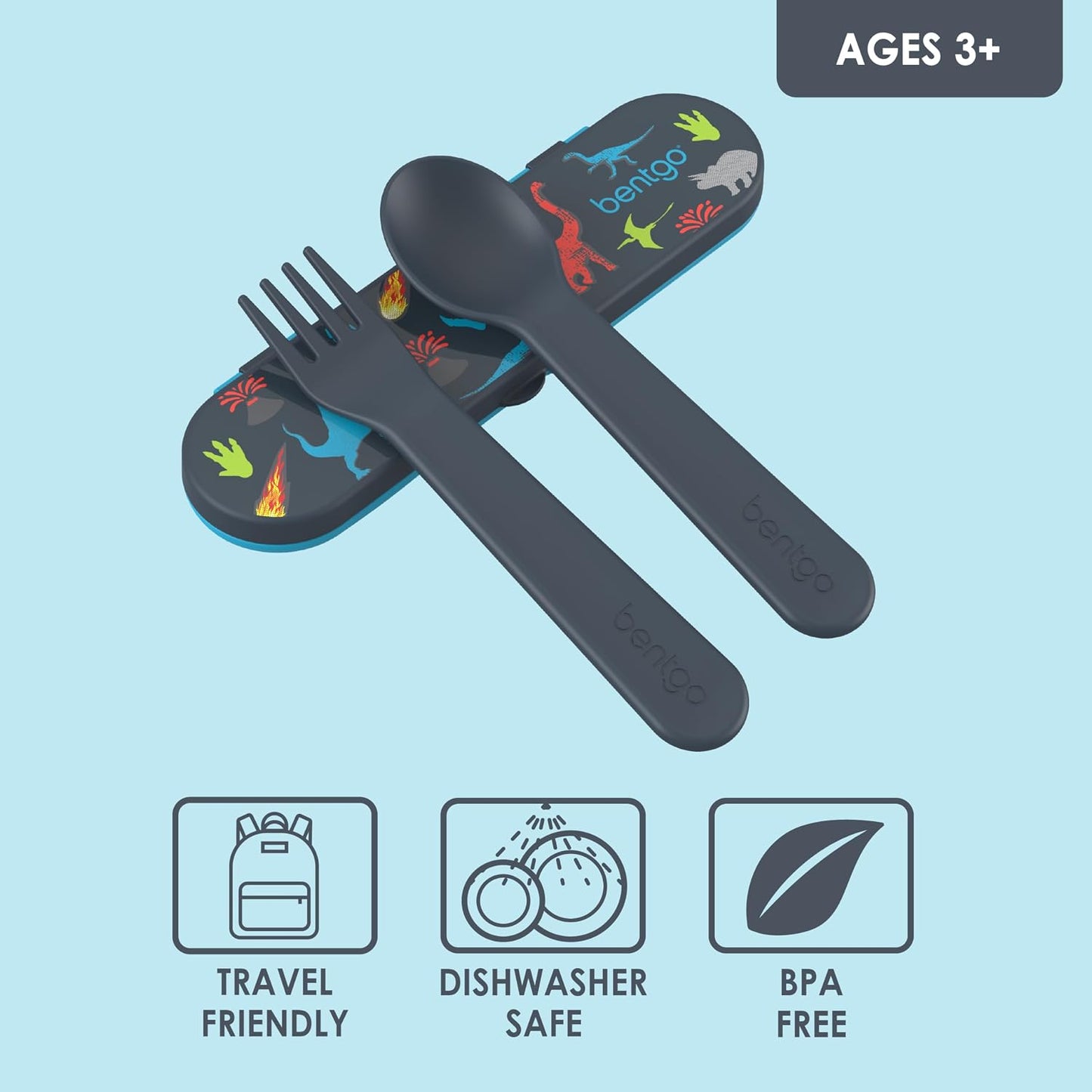 Bentgo Kids Utensil Set - Reusable Plastic Fork, Spoon & Storage Case - BPA-Free Materials, Easy-Grip Handles, Dishwasher Safe - Ideal for School Lunch, Travel, & Outdoors (Shark)