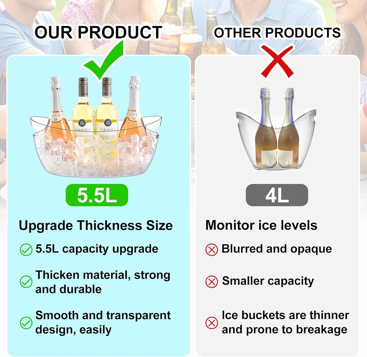 Ice Buckets for Parties 2 Packs,Portable Ice Bucket with Scoops, Thick Champagne Cooler,Drink Buckets for Cocktail Bar,Mimosa Bar Supplies,Beverage Tub Chiller for Wine,Beer (Clear, 5.5L)