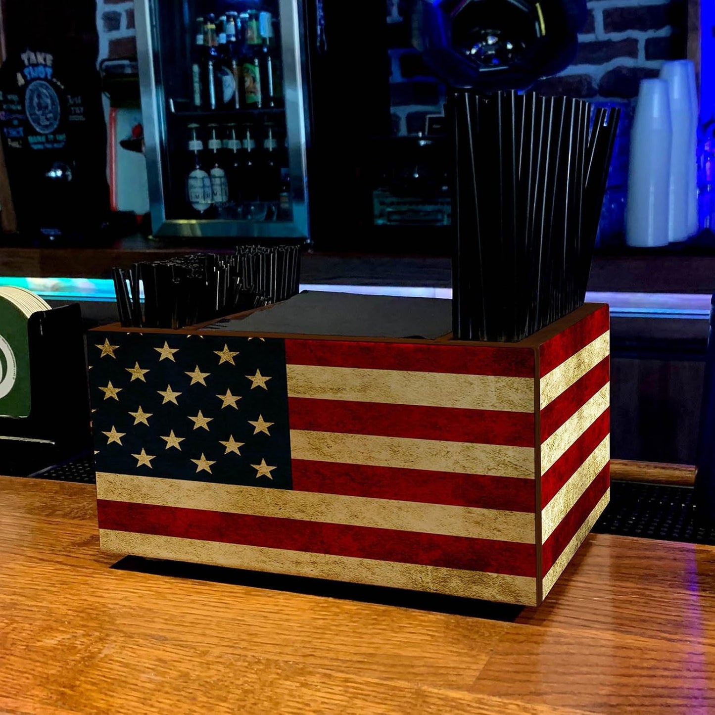 Wooden Utensil Holder Napkin Bar Caddy Parent (American Flag Black)