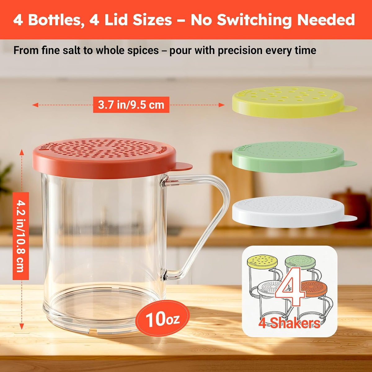 4-Pack Plastic Dredge Shaker Set, 10 oz Clear Flour & Sugar Dispensers with Handles, Commercial Seasoning Shakers for Powder, Spices & Herbs, 4 Bodies & 4 Lids with Different Hole Sizes
