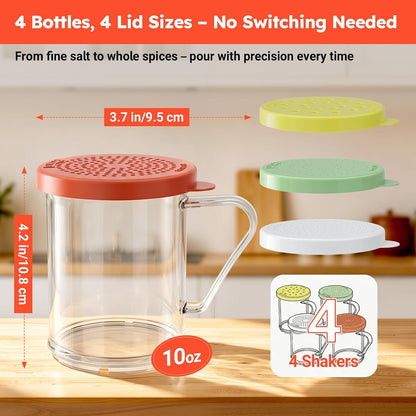 4-Pack Plastic Dredge Shaker Set, 10 oz Clear Flour & Sugar Dispensers with Handles, Commercial Seasoning Shakers for Powder, Spices & Herbs, 4 Bodies & 4 Lids with Different Hole Sizes