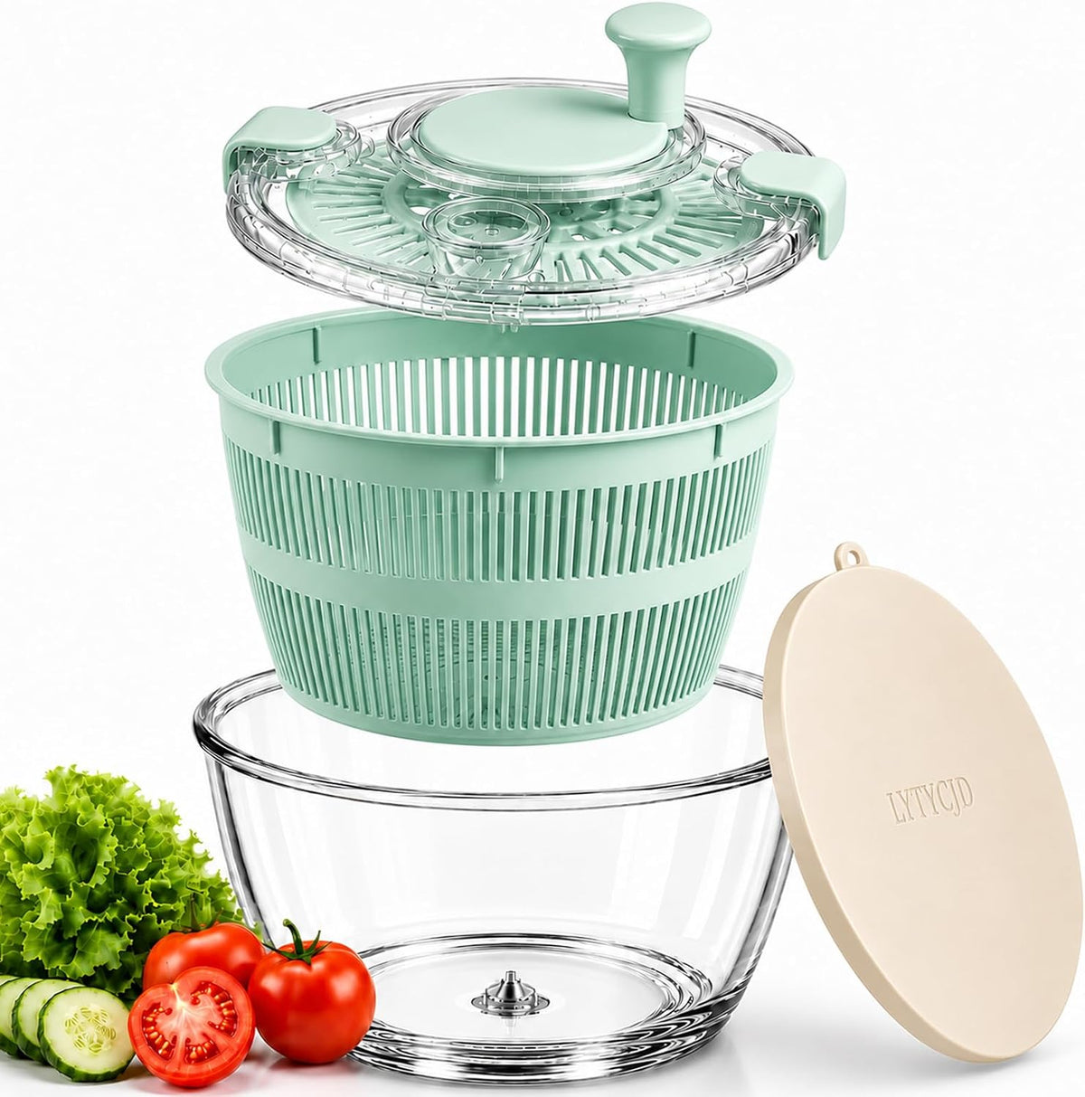 Large 5.2 Qt Glass Salad Spinner with Storage Lid Glass Bowl Black