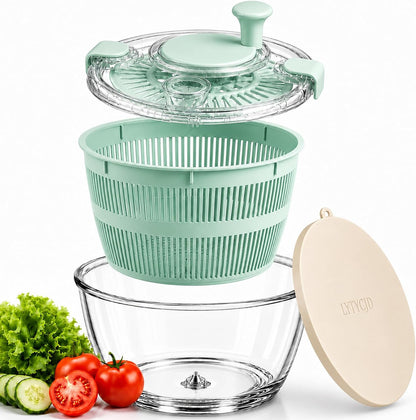 Large 5.2 Qt Glass Salad Spinner with Storage Lid Glass Bowl Black
