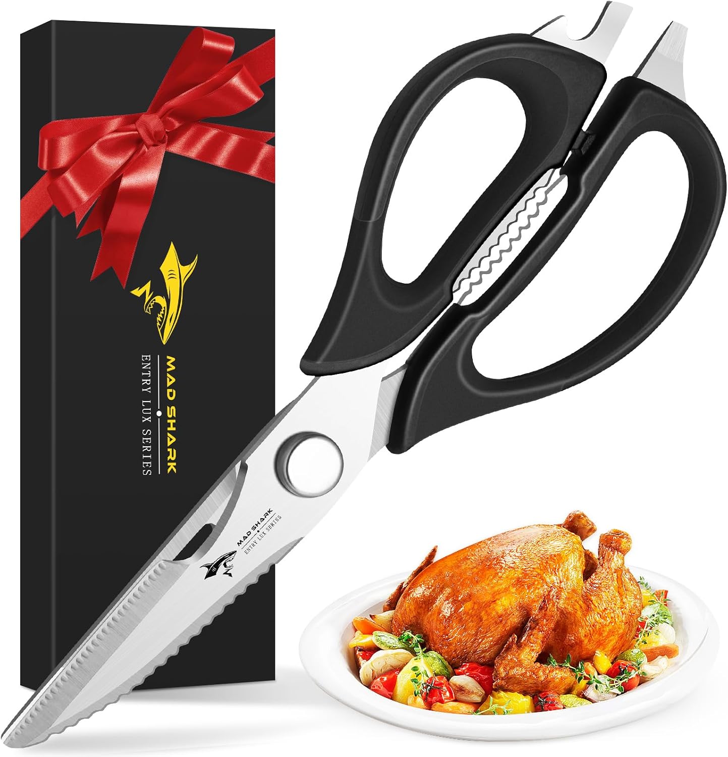 MAD SHARK Kitchen Scissors All Purpose Kitchen Shears Come Apart,Stainless Steel Utility Scissors with Comfort Grip,Heavy Duty Poultry Shears for Food,Chicken,Meat,Fish,Dishwash Safe(BLACK)