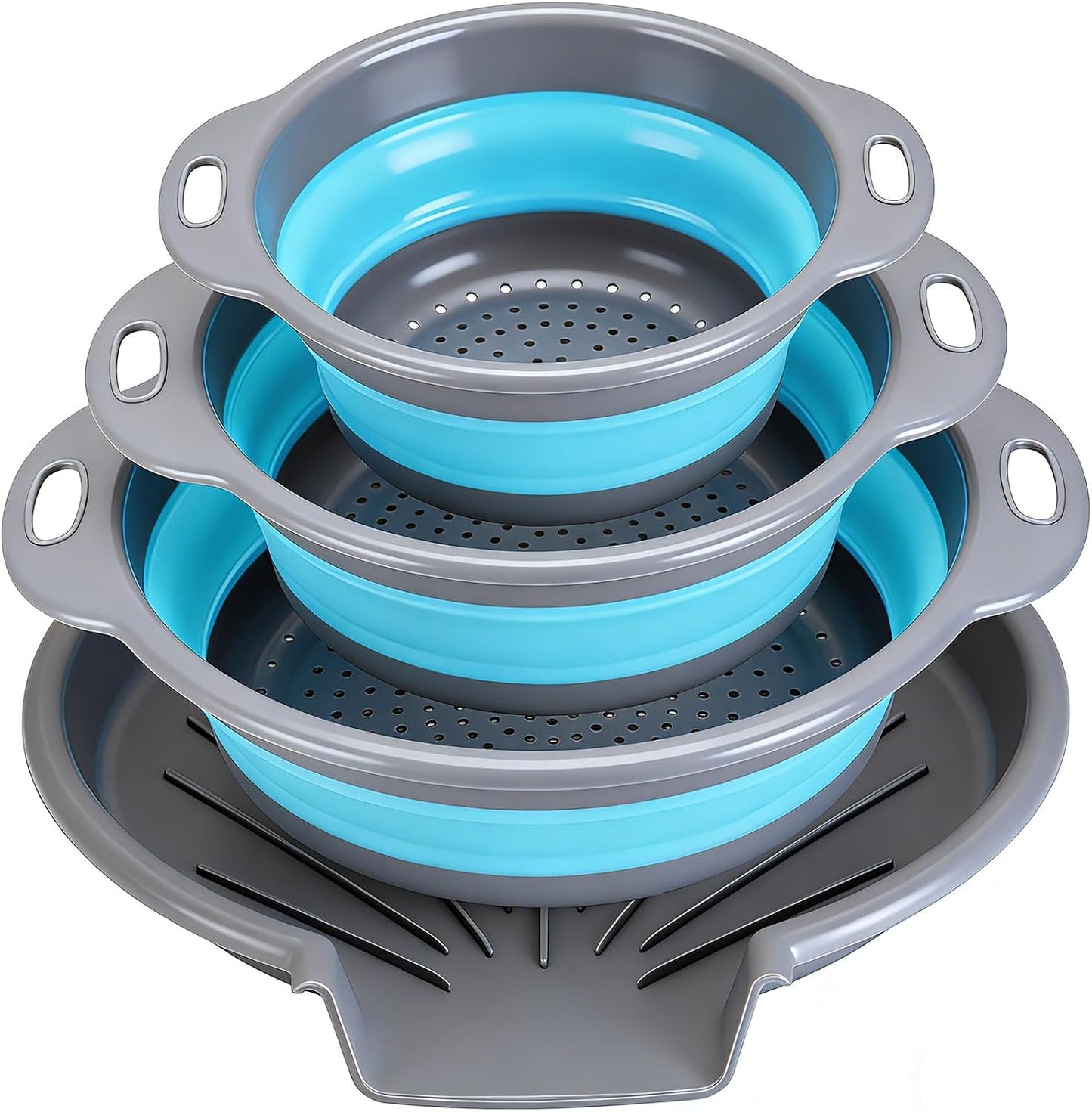Collapsible Colander Set with Oversized Draining Tray | 3-Pack Foldable Kitchen Strainers + Base | Space Saving for Pasta, Veggies, Fruit & Rice | 5 Colors (Gray-White)